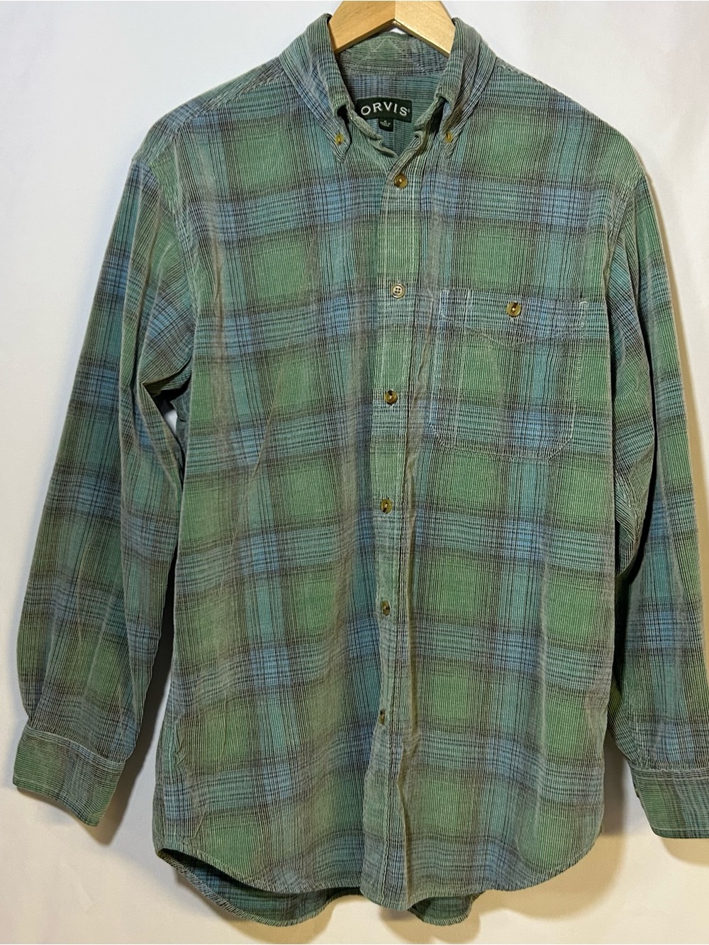Orvis Green Blue Plaid Corduroy Button-Down Men's Shirt Size Medium